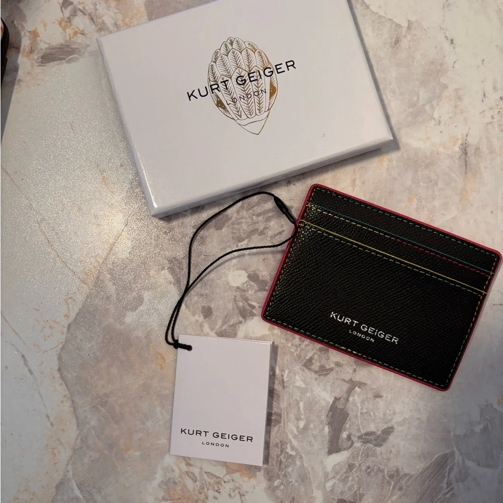 Black Leather Kurt Geiger Card Holder with Multicolor Stitching